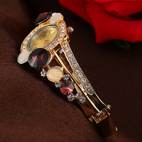 Women Retro Hollow Faux Opal Rhinestone Inlaid Cuff Bangle Wrist Watch