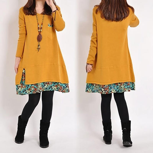 Women Casual Round Neck Pullover T-Shirt Loose Floral Hem Blouse Top Dress