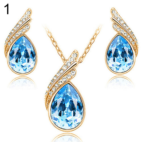 Women's Party Banquet Waterdrop Jewelry Set Crystal Pendant Necklace Earrings Golden Tone