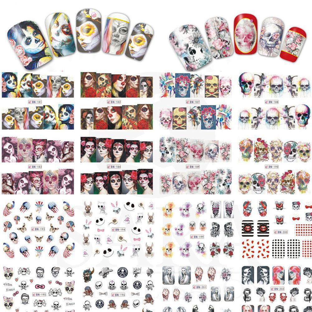 24Pcs Halloween Cartoon Skull Water Transfer Manicure DIY Tips Nail Art Stickers