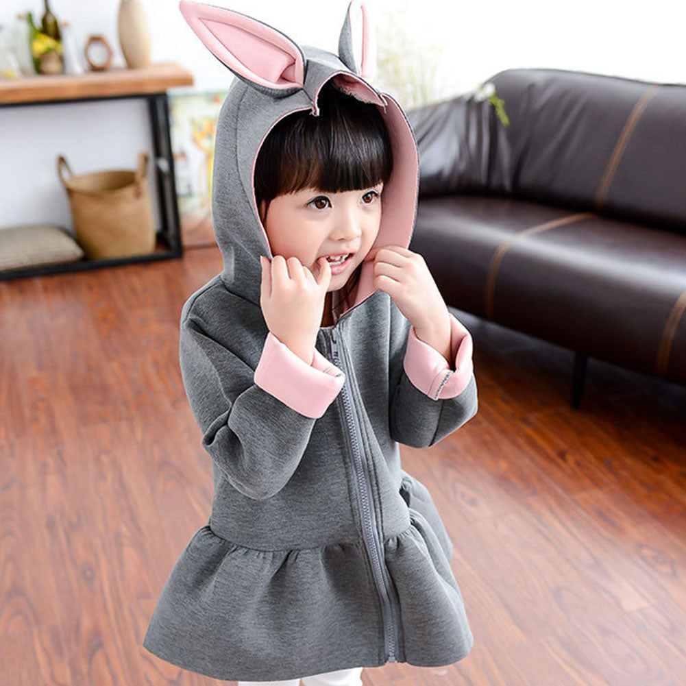 Kid Girls Cute Rabbit Ear Hoodies Coat Casual Long Sleeve Top Zipper Outwear
