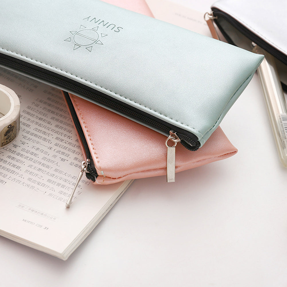 Sunny Faux Leather Pen Pouch Pencil Case Stationery Storage Bag Student Gift
