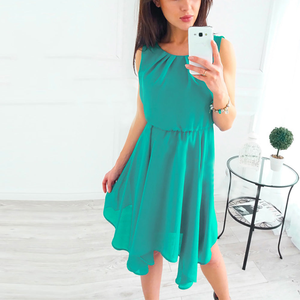 Summer Fashion Women Sleeveless Solid Color Irregular Hem Chiffon Casual Dress