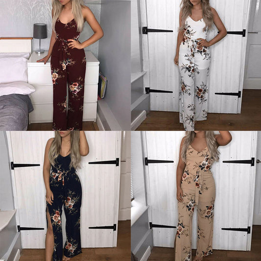 Women Sexy Long Pants Sleeveless Spaghetti Strap Jumpsuit Romper With Belt