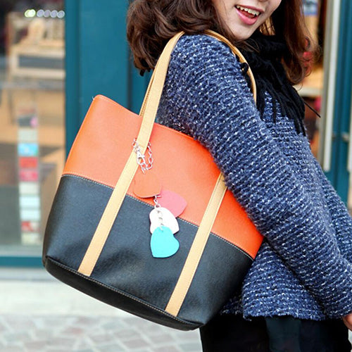 Color Block Faux Leather Messenger Bag Satchel Heart Purse Shoulder Handbag