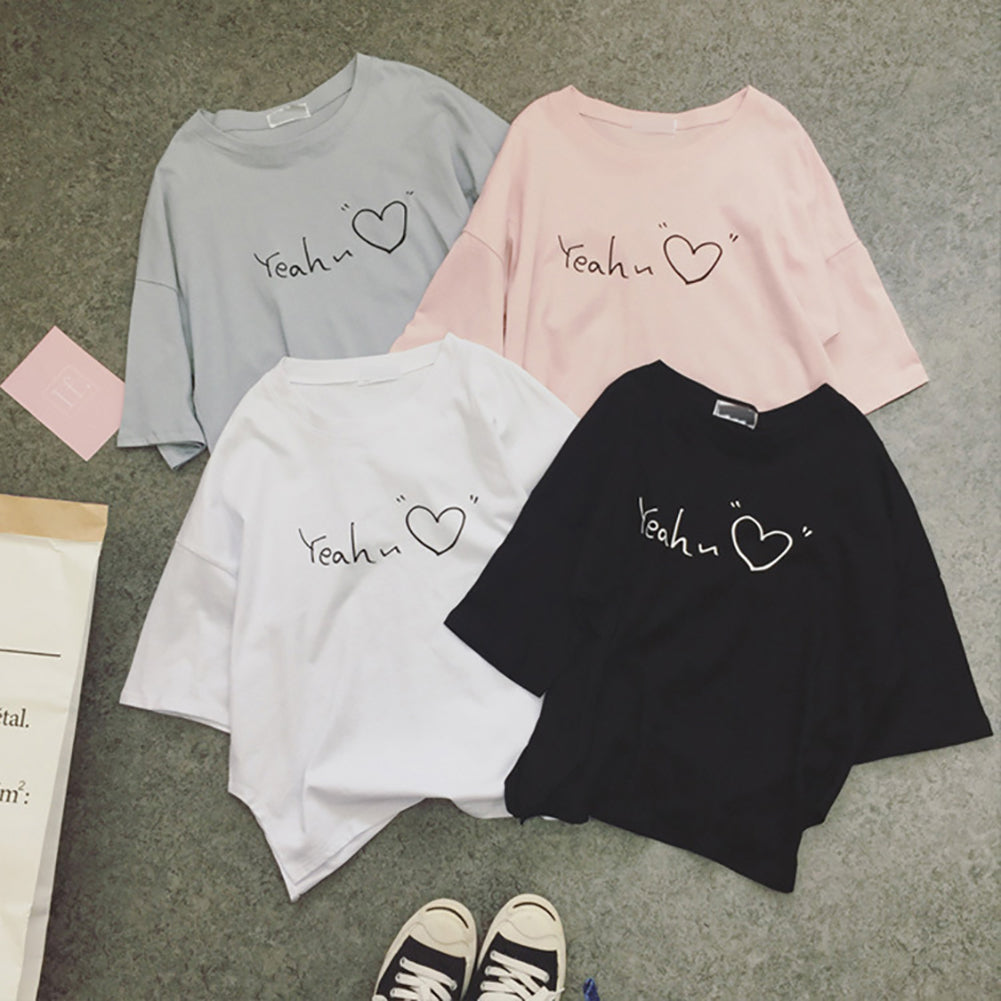 Letter Love Heart Print Women Round Neck Short Sleeve Top Tee Summer T-Shirt