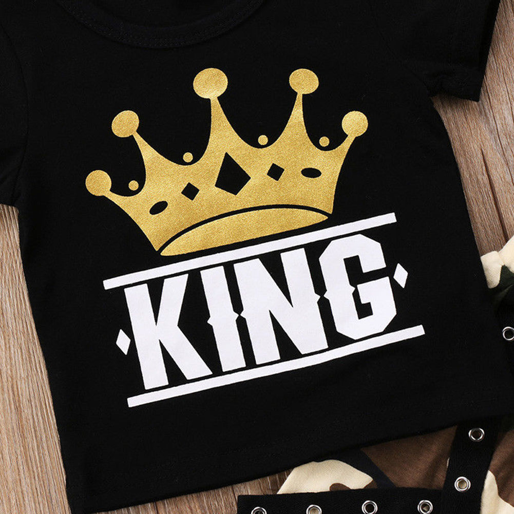 Newborn Kids Baby Boys King Crown Print T-Shirt Top Camo Pants Summer Outfit Set