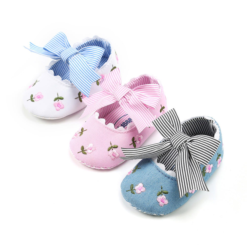 Toddler Baby Girls Cute Flower Embroidered Shoes Bowknot Anti-Slip Prewalkers