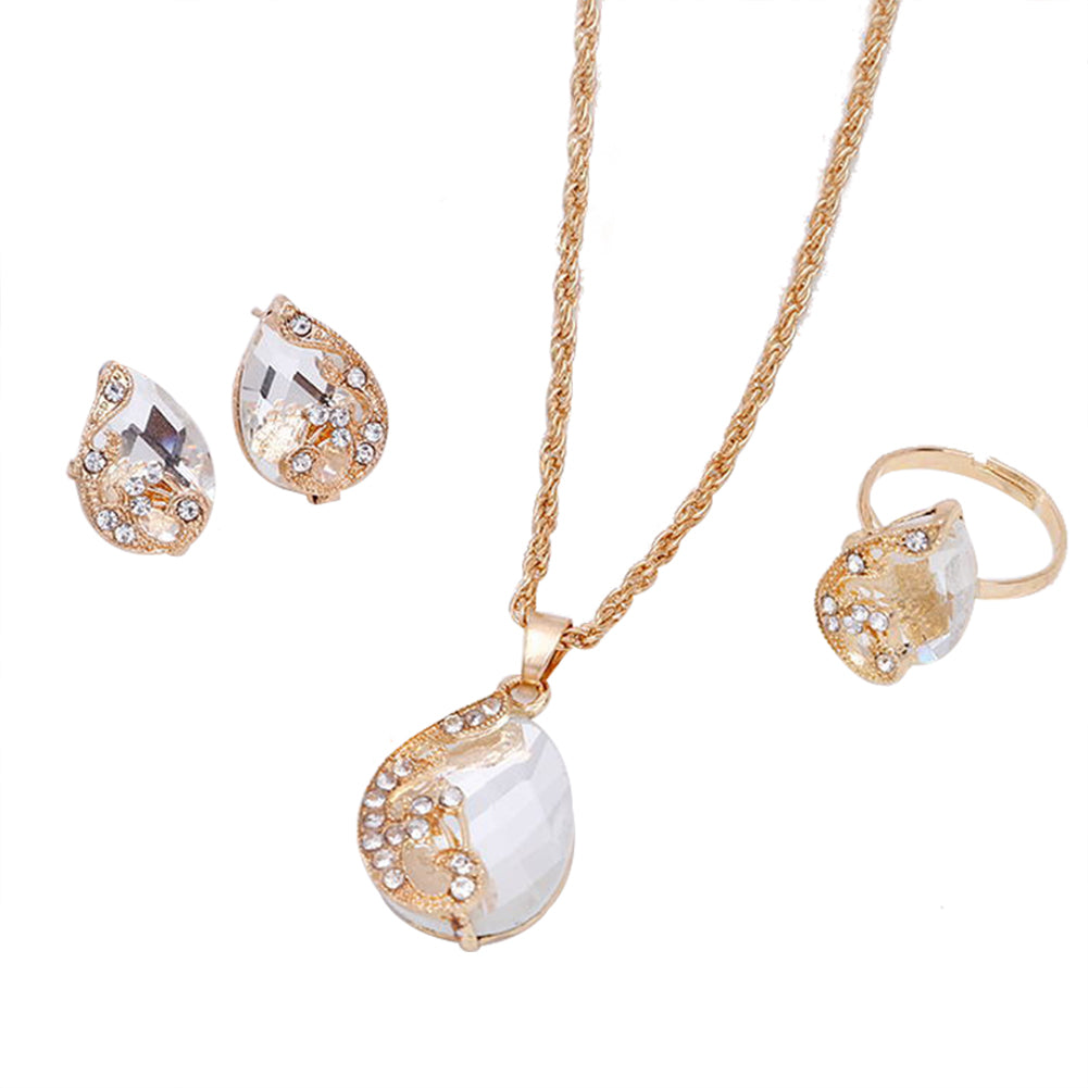 Women Jewelry Set Shiny Water-Drop Shape Rhinestone Necklace Earrings Ring Gift