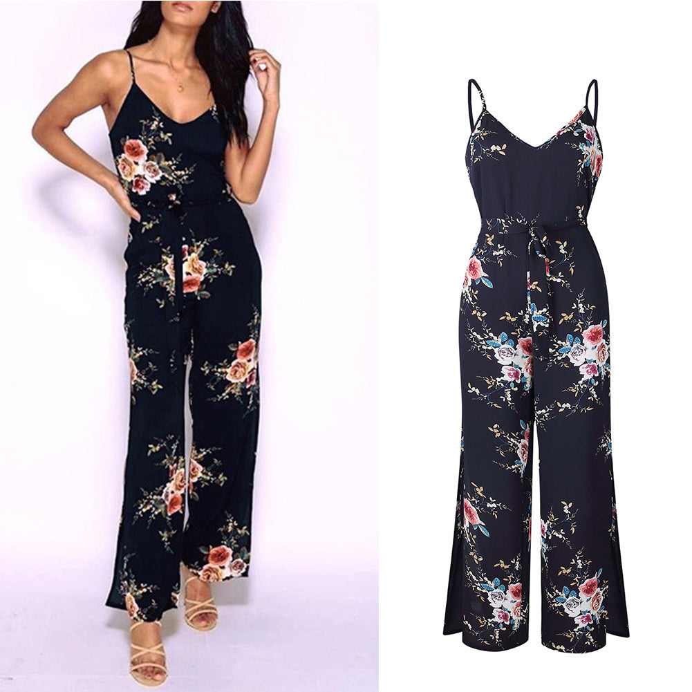 Women Sexy Long Pants Sleeveless Spaghetti Strap Jumpsuit Romper With Belt