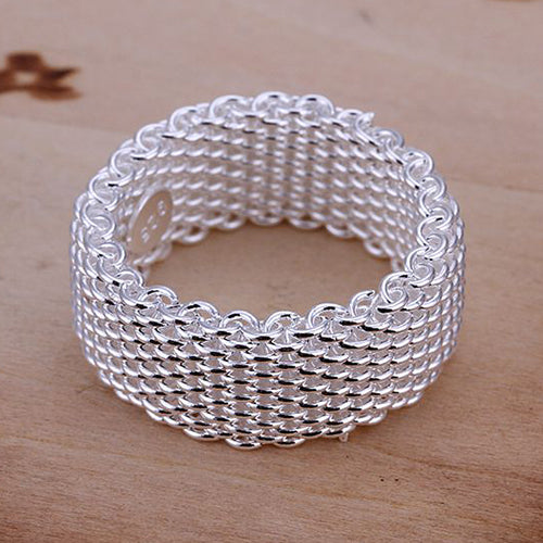 Women Wide Net Woven Mesh Style Finger Ring Silver Plated Jewelry Charms Gift