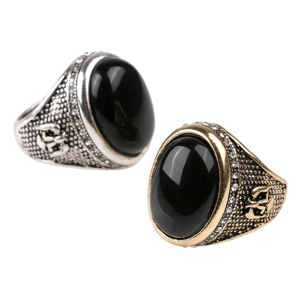 Man Vintage Cool Big Black Rhinestone Inlaid Finger Ring Jewelry Party Gift