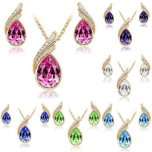 Women's Party Banquet Waterdrop Jewelry Set Crystal Pendant Necklace Earrings Golden Tone