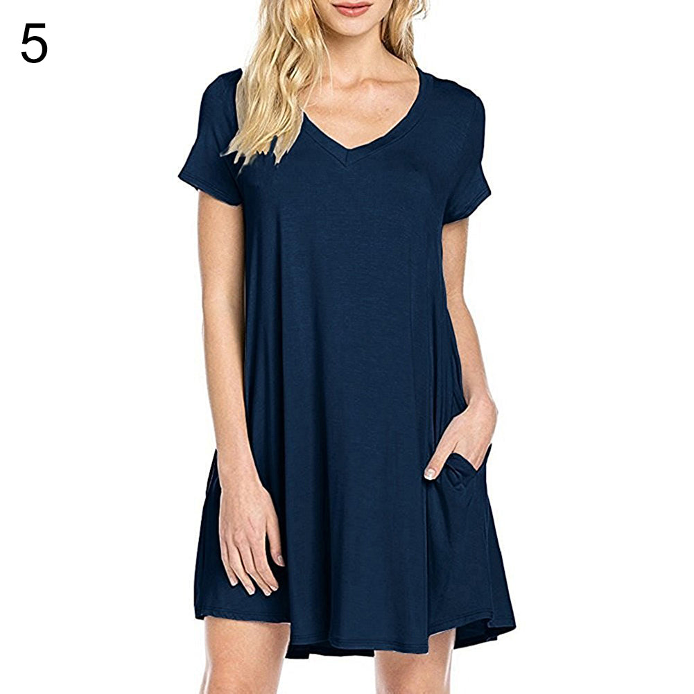 Women's Casual Simple Plain Side Pockets Summer Loose V-Neck T-shirt Dress