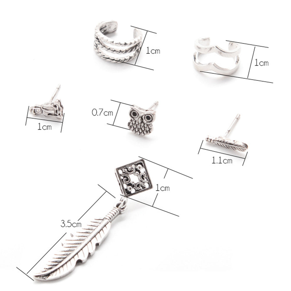 6 Pcs/Set Boho Owl Buddha Feather Hollow Ear Cuff Ear Stud Cartilage Earrings