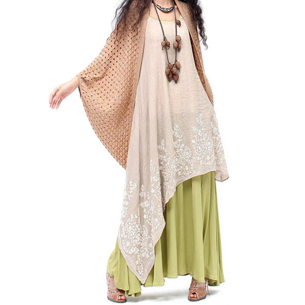 Women Fashion Cotton Linen Embroidery Irregular Fake Two Pieces Long Shirt Dress