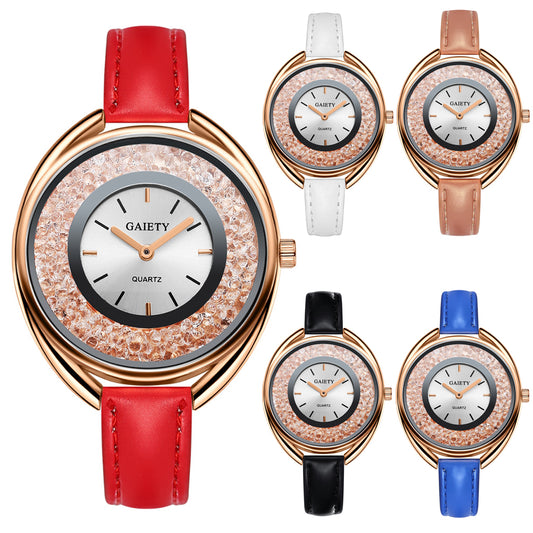 Luxury Dazzling Rhinestone Faux Leather Quartz Analog Watch Women Wristwatch