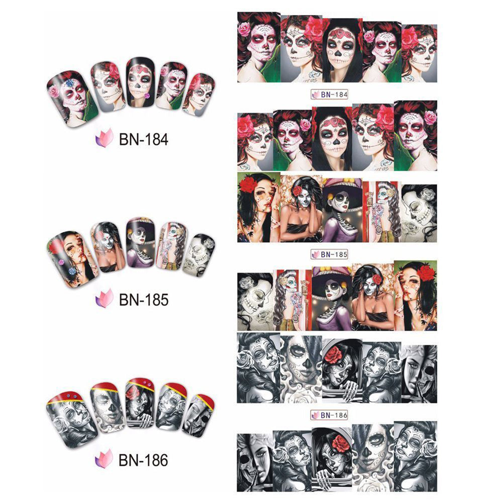 24Pcs Halloween Cartoon Skull Water Transfer Manicure DIY Tips Nail Art Stickers