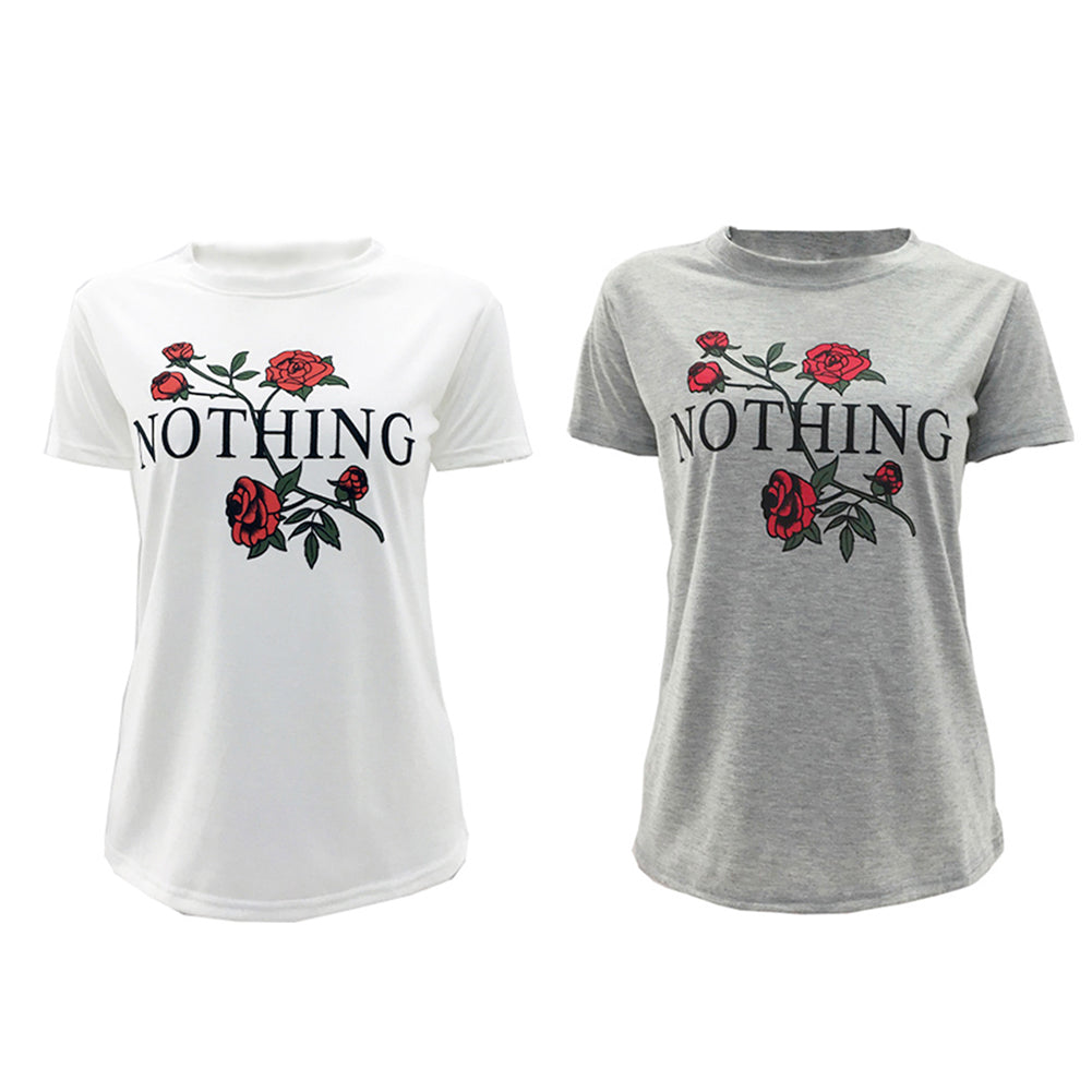 Nothing Letter Print Rose Flower Short Sleeve T-shirt Summer Women's Tee Top