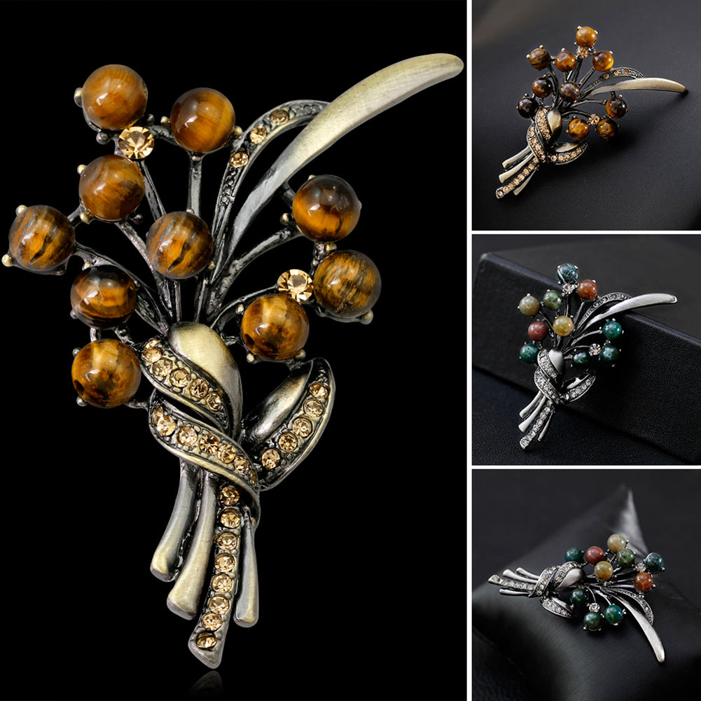 Round Stone Bead Shiny Rhinestone Flower Bouquet Style Women Brooch Pin Jewelry