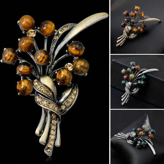 Round Stone Bead Shiny Rhinestone Flower Bouquet Style Women Brooch Pin Jewelry