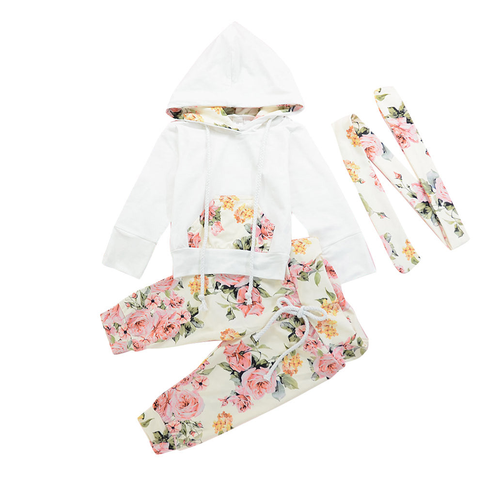 Baby Girl Infant Flower Pattern Long Sleeve Hoodie Pants Hairband Outfit Set