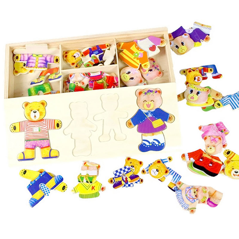 Wooden Baby Bear Changing Clothes Puzzle Set Children Kids Educational Toys Gift