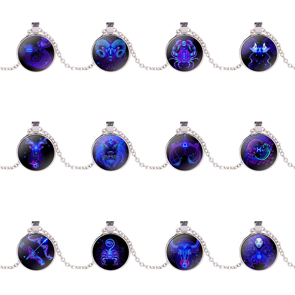 Women Retro Round Twelve Constellations Pendant Sweater Chain Necklace Jewelry