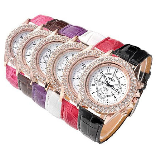 Women Shiny Rhinestone Decorated Bezel Analog Quartz Faux Leather Wrist Watch