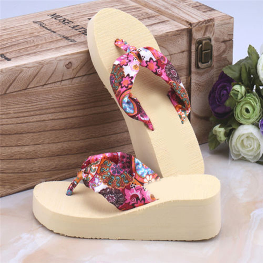 Women Summer Beach Soft Wedge Shoes Bohemia Flip Flops Flat Platform Slippers