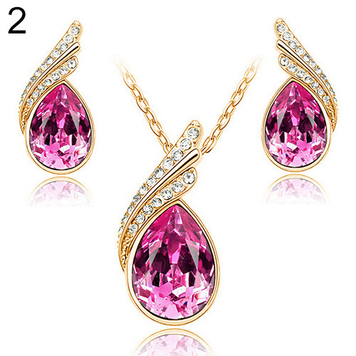 Women's Party Banquet Waterdrop Jewelry Set Crystal Pendant Necklace Earrings Golden Tone