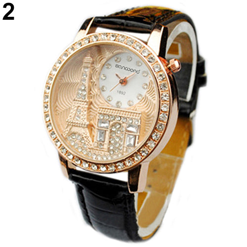 Fashion Women Lady Eiffel Tower Dial Faux Leather Band Quartz Wrist Watch