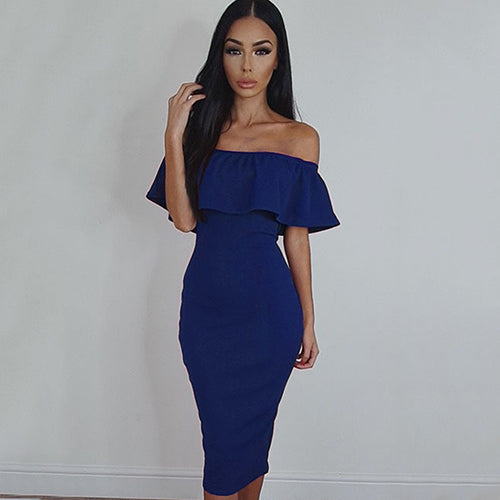 Women Off the Shoulder Ruffled Collar Bodycon Package Hip Party Club Sexy Dress