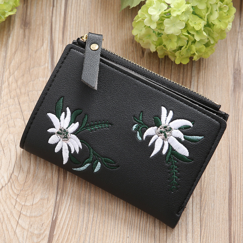 Embroidery Flower Faux Leather Women Girl Coin Purse Card Holder Short Wallet
