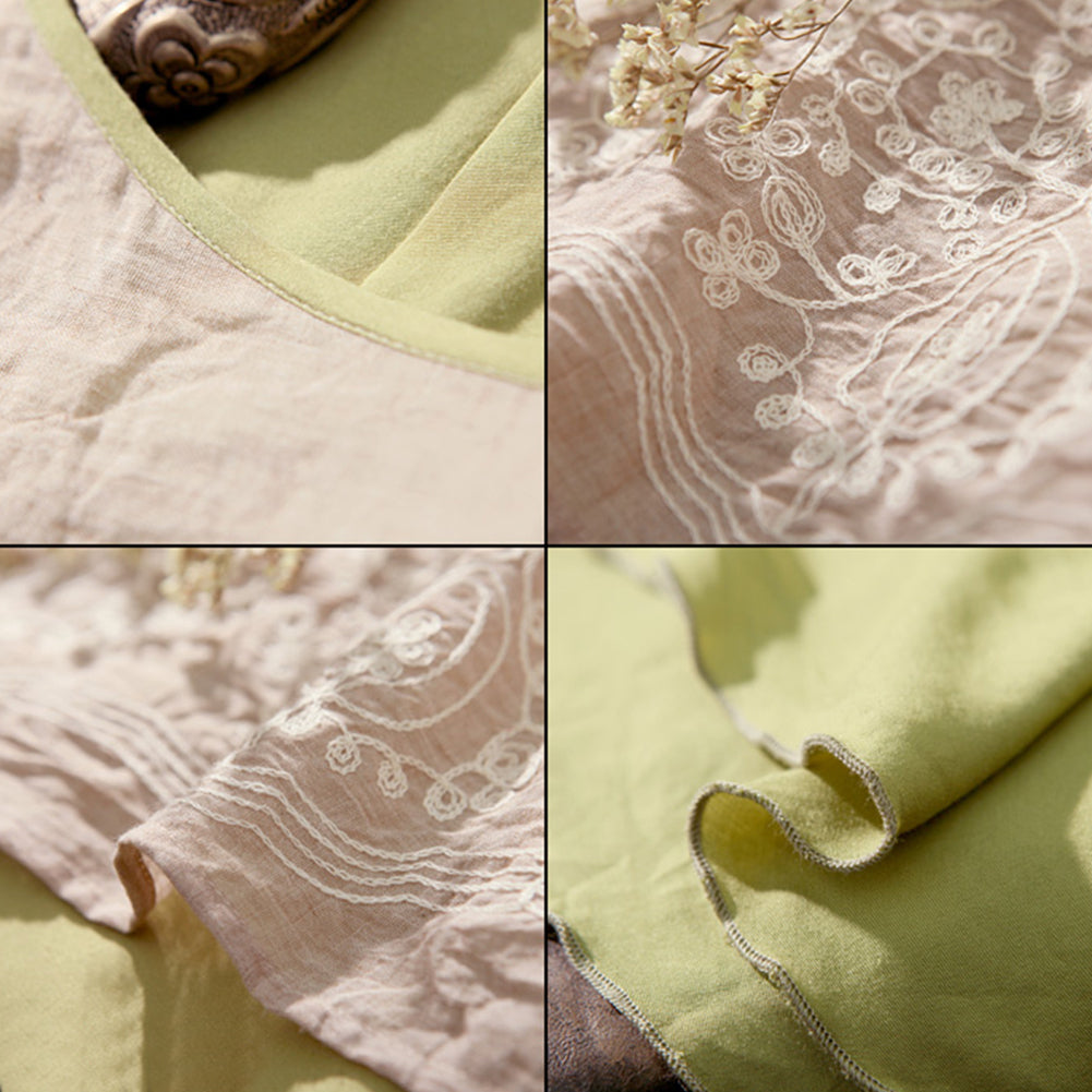 Women Fashion Cotton Linen Embroidery Irregular Fake Two Pieces Long Shirt Dress