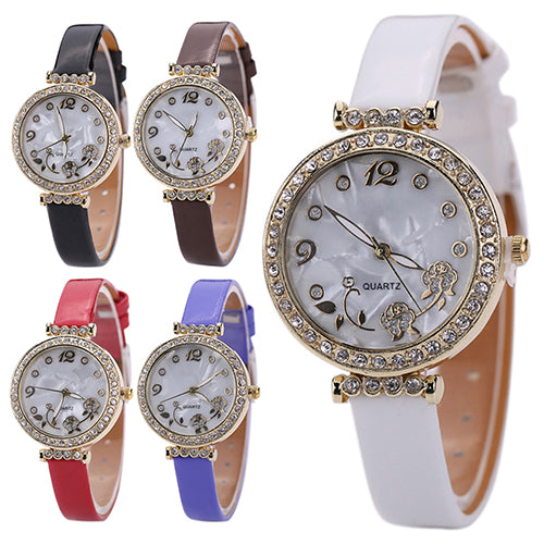 Women's Flower Rhinestone Watch Fine Faux Leather Strap Quartz Gift Wristwatch