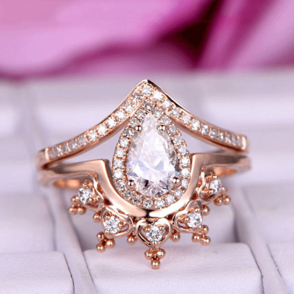 2Pcs Women Rings Set Chic Curved Crown Zircon Jewelry Engagement Party Gift