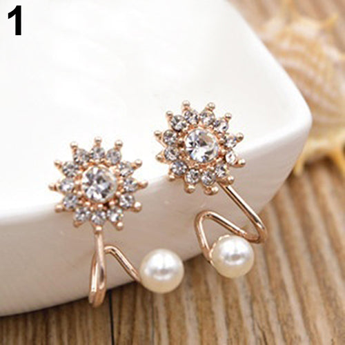 Women Sweet Rhinestone Faux Pearl Snowflake Ear Stud Earrings Jewelry Charm