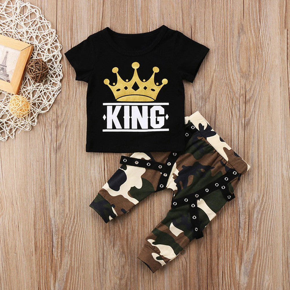 Newborn Kids Baby Boys King Crown Print T-Shirt Top Camo Pants Summer Outfit Set