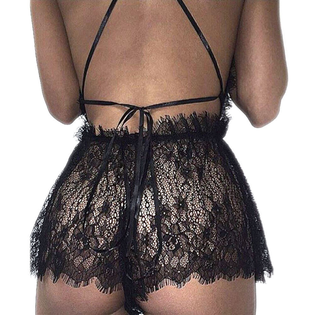 Women Sexy Deep V-Neck Halter See Through Lace Sleepwear + G-String Underwear