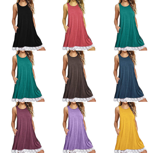 Women's Sleeveless Casual Loose Lace Stitching Trim Summer Fashion Dress Gift