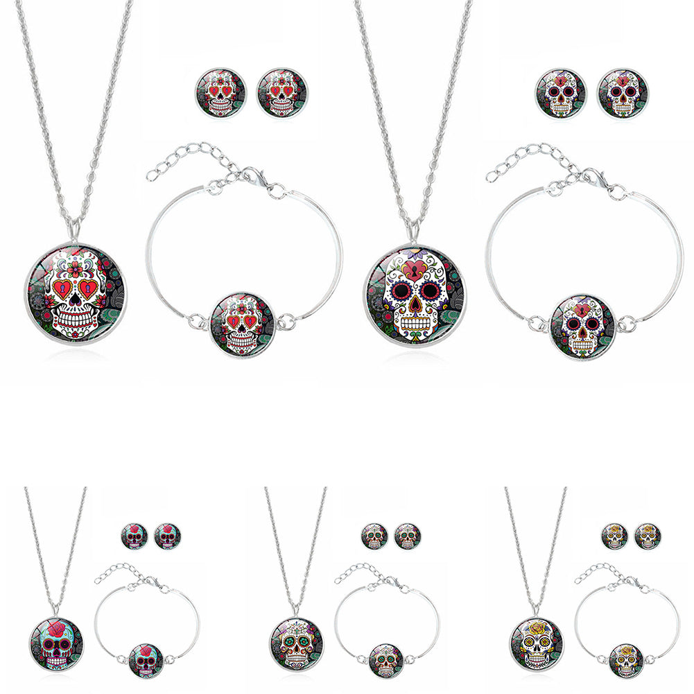 Fashion Women Skull Rose Earrings Necklace Bracelet Halloween Accessories Set