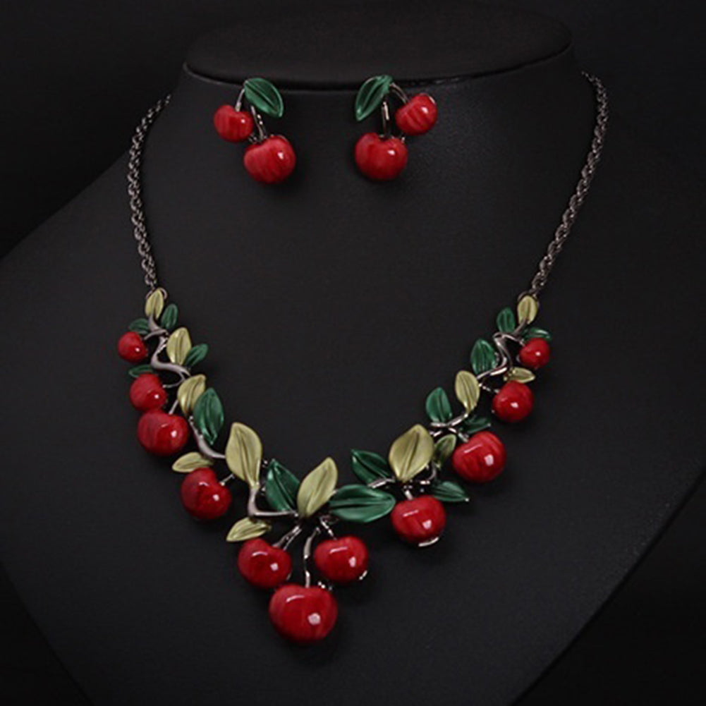 1 Set Vintage Red Cherry Fruit Jewelry Set Chic Bridal Necklace Earrings