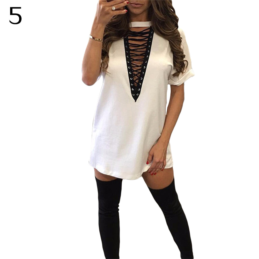 Lady Sexy Cross Lace Up V Neck Casual Short Sleeve Choker T-Shirt Top Dress