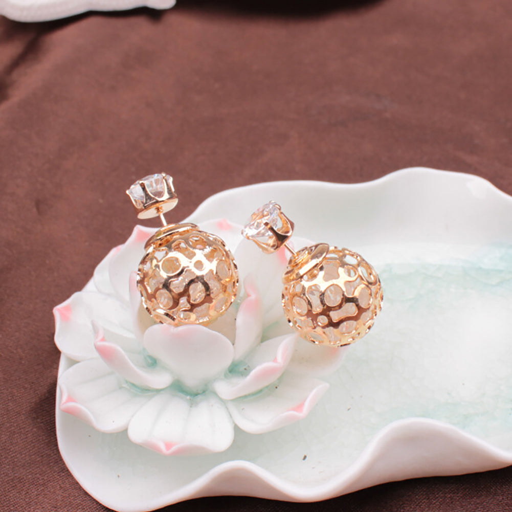 Women Fashion Hollow Ball Ear Jackets Stud Earrings Double Side Piercing Jewelry