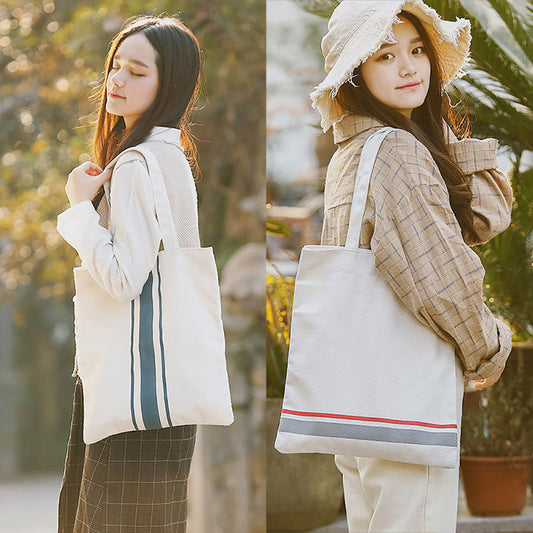 Stripe Print Minimalism Tote Canvas Handbag Women Shoulder Bag Shopping Pouch