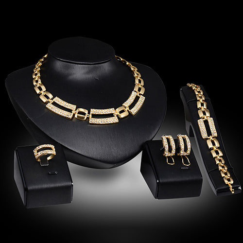 Formal Party Crystal Chain Charm Necklace Earring Bracelet Ring Jewelry Set Gift