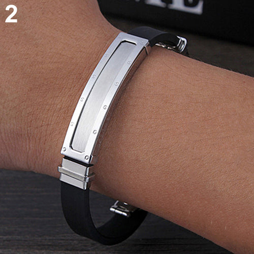 Men's Simple Design Stainless Steel Silicone Clasp Bangle Jewelry Bracelet Gift