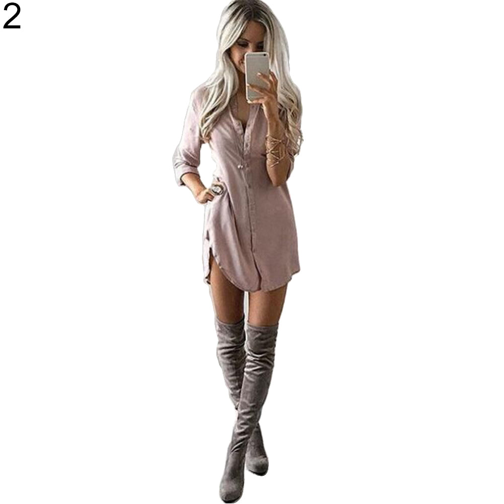 Fashion Lady Long Sleeve Shirt Casual Loose Button Down Blouse Solid Color Top