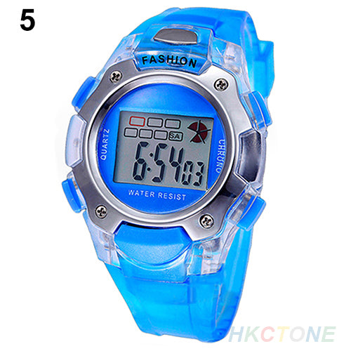 Unisex Boy Girl Children Digital Week Alarm Backlight Jelly Sport Wrist Watch